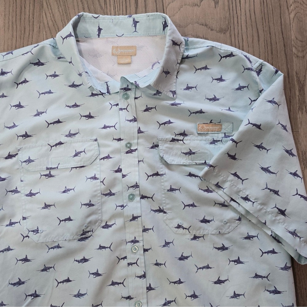 Realtree AOP Marlin Print Short Sleeve Button Down Shirt Blue Men's XXL